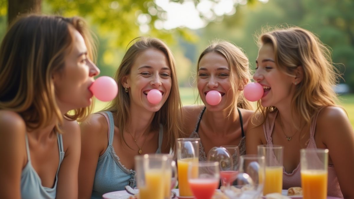 Vrienden die plezier hebben met kauwgom tijdens een picknick.