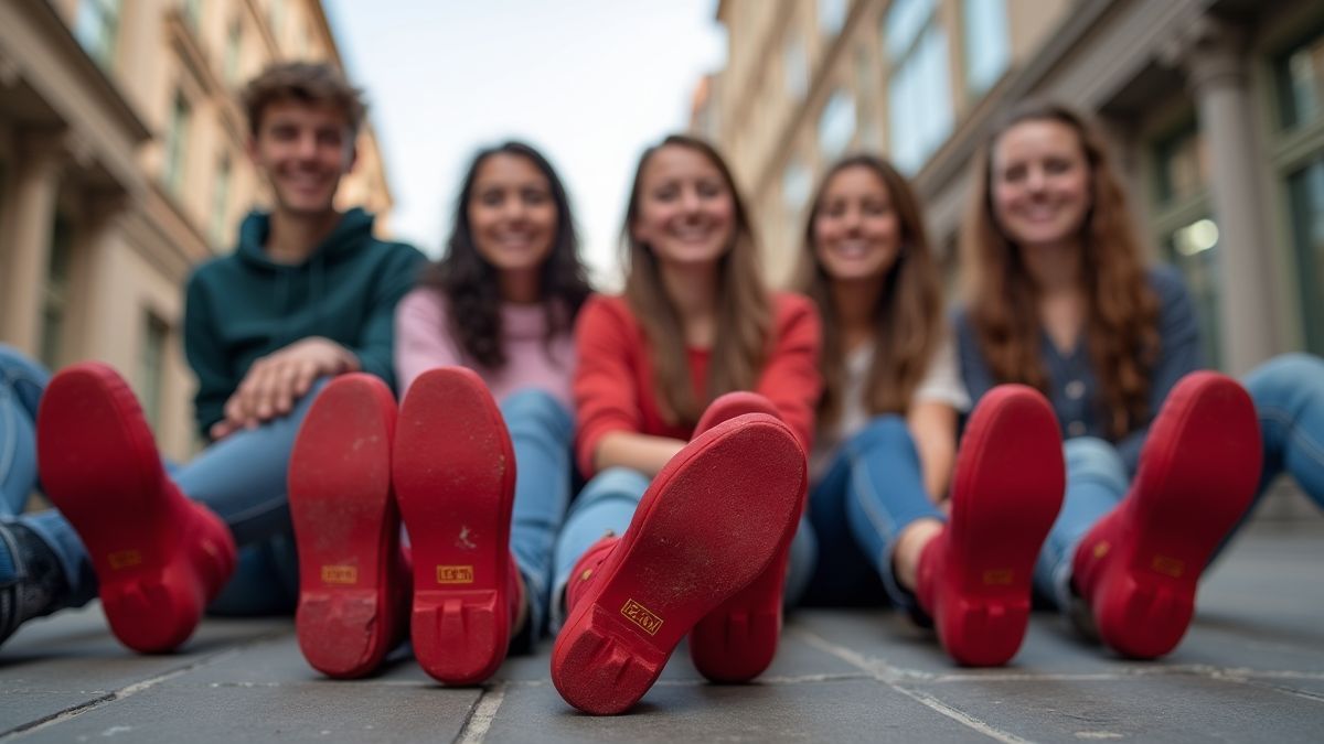 Vrienden die rode schoenen dragen in een stedelijke omgeving.