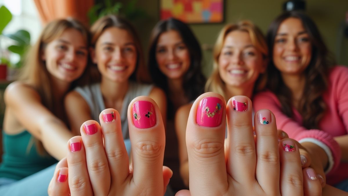 Vrienden die samen genieten van nagelverzorging in een kleurrijke en gezellige thuis-spa.