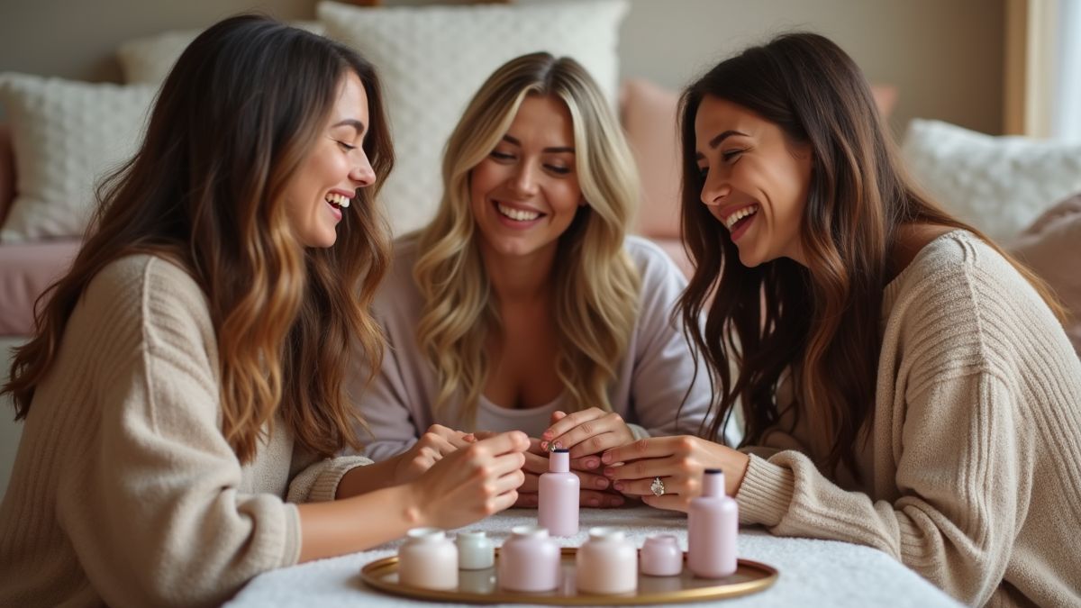 Vrienden die samen genieten van nagelverzorging in een spa-thuissfeer.