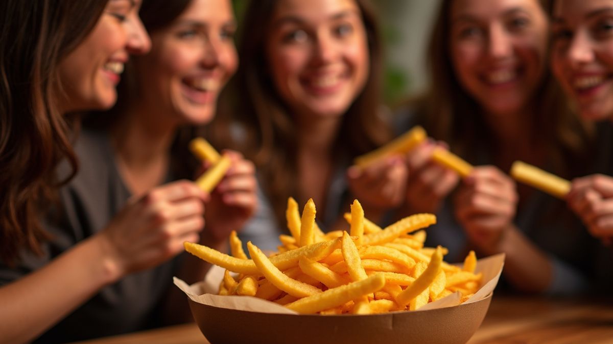 Vrienden die samen Julienne frieten eten op een feestje.