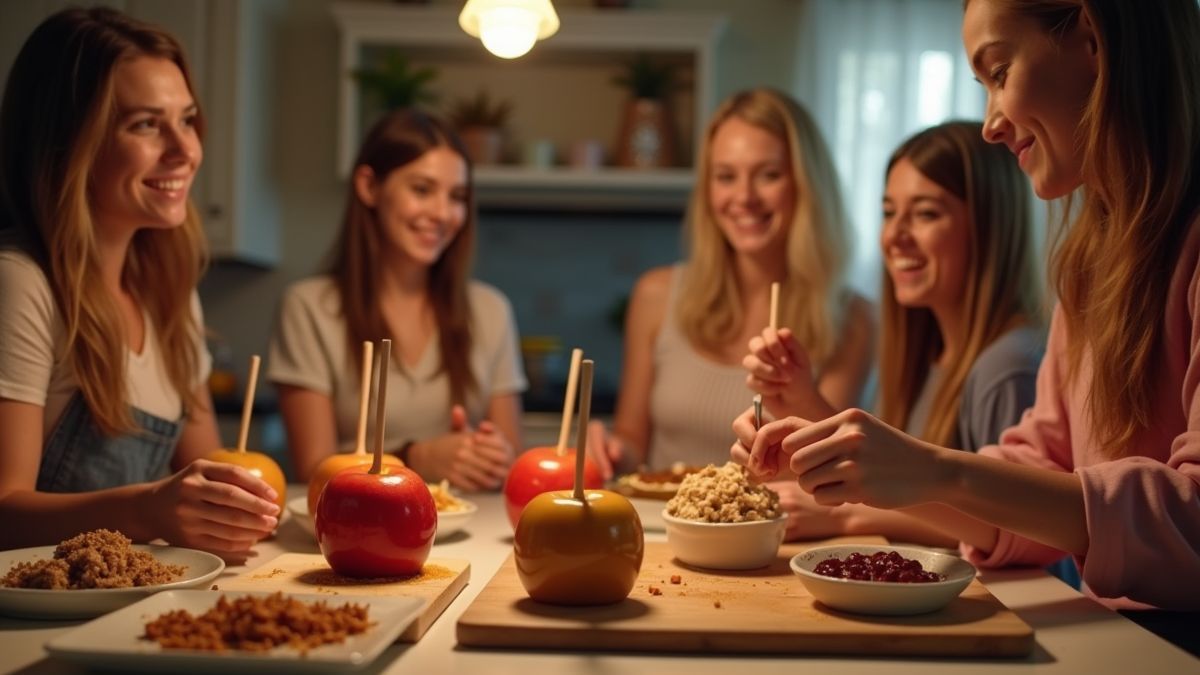 Vrienden die samen karamelappels maken in een gezellige keuken.