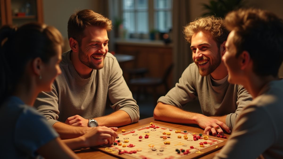 Vrienden die samen lachen en genieten van een strategisch bordspel