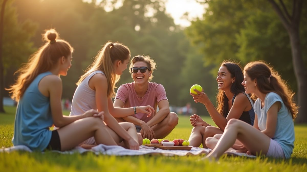 Vrienden die samen softbal spelen in een park, met een picknick na de wedstrijd