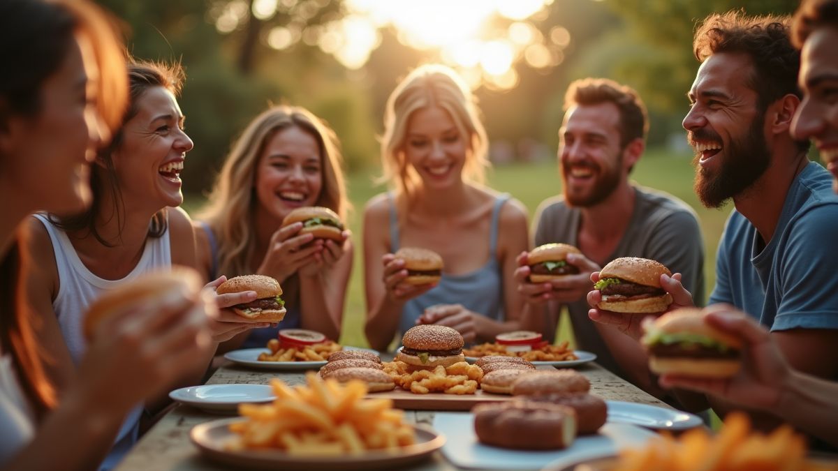 Vrienden die samen zelfgemaakte hamburgers genieten tijdens een barbecue.
