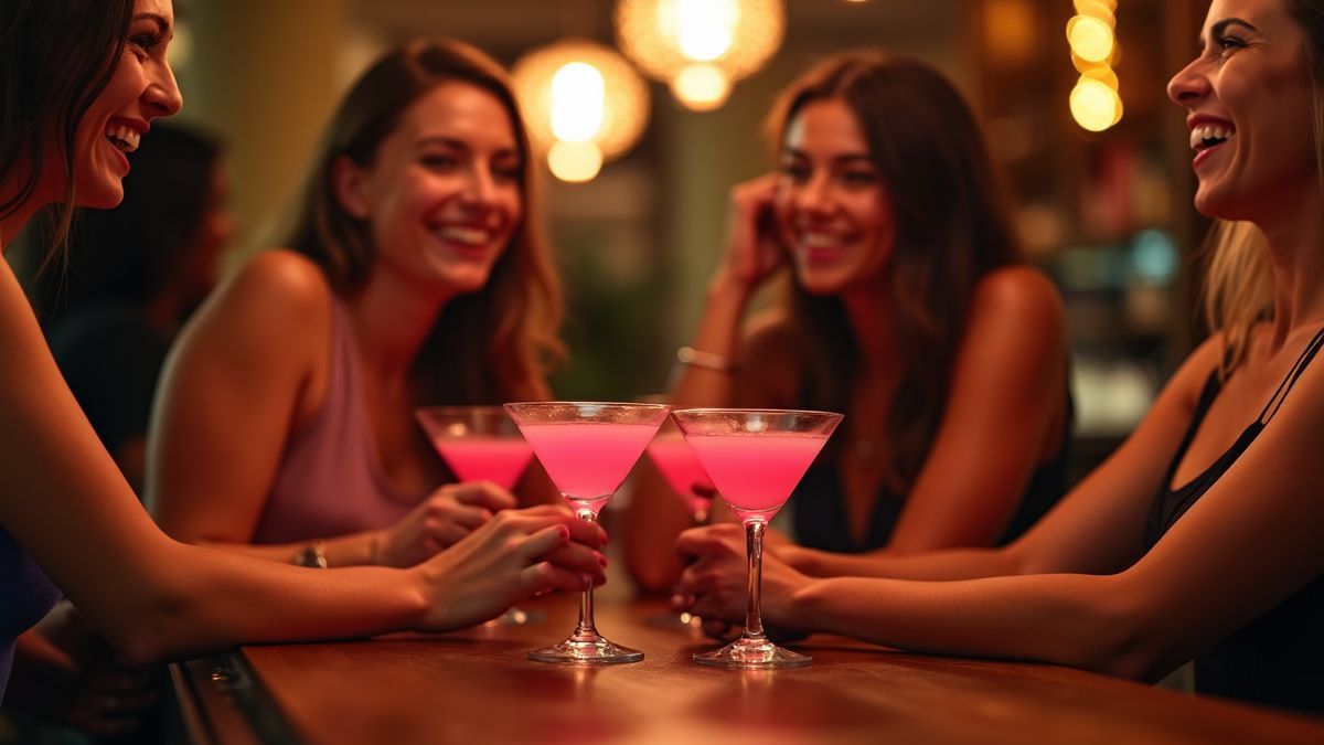 Vrienden genieten in een stijlvolle bar van roze Cosmopolitans.