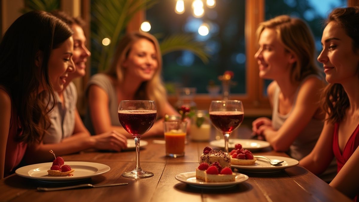 Vrienden genieten van Amaretto cocktails en tiramisu