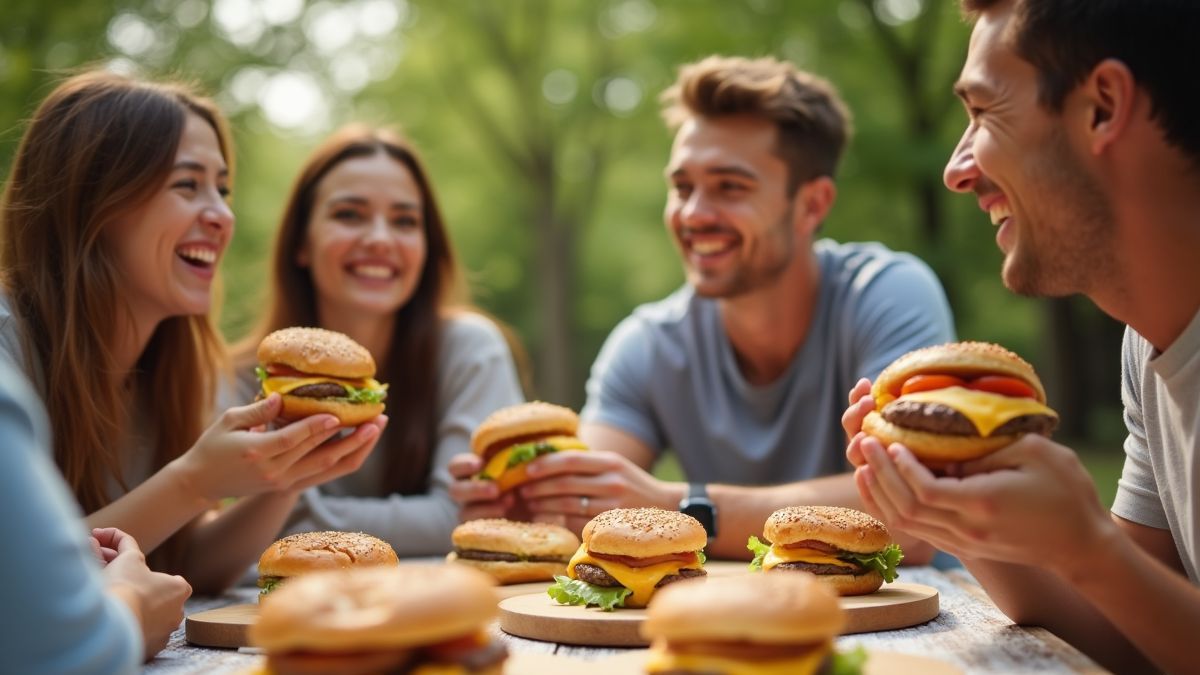 Vrienden genieten van cheeseburgers tijdens een picknick