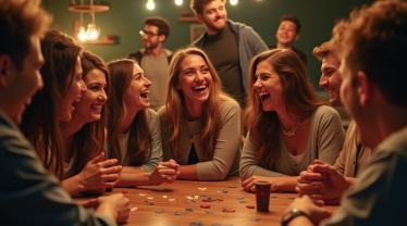 Vrienden genieten van een gokspel met veel gelach