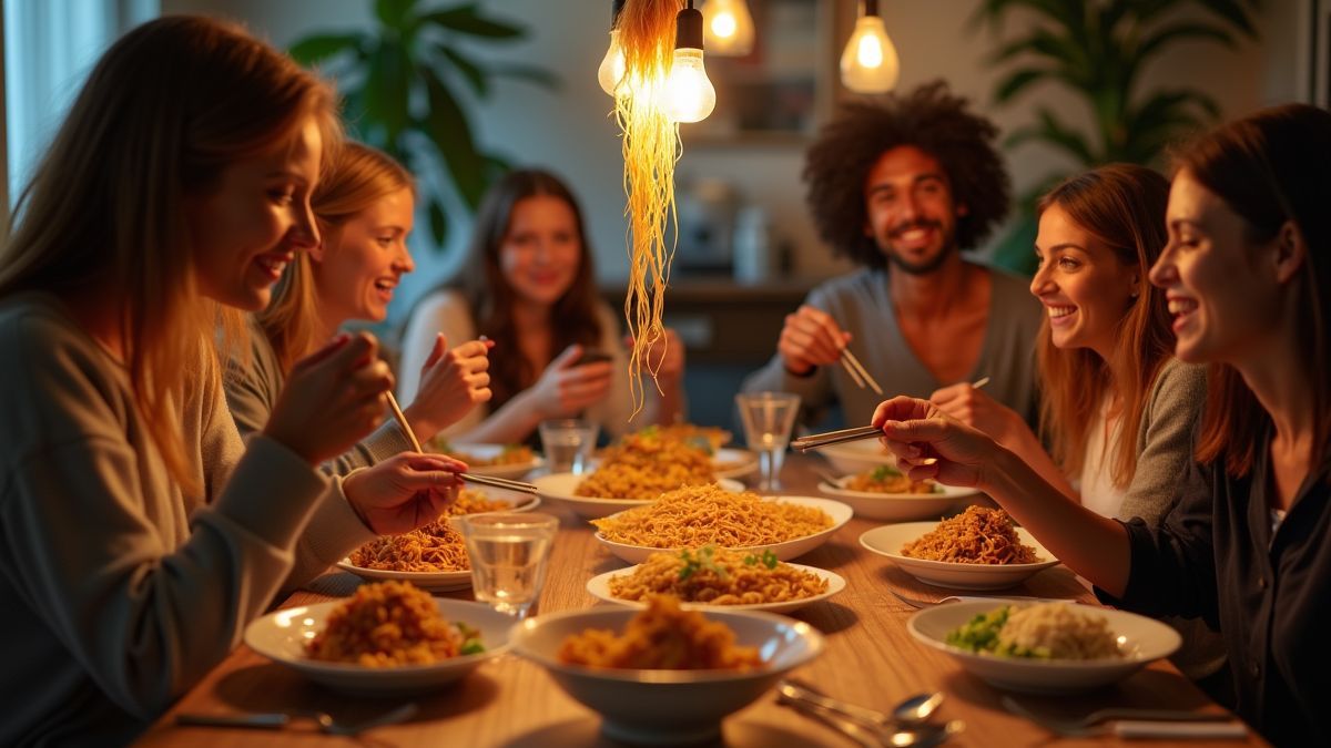 Vrienden genieten van een noedel-thema diner