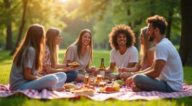Vrienden genieten van een picknick in het park