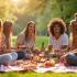 Vrienden genieten van een picknick in het park