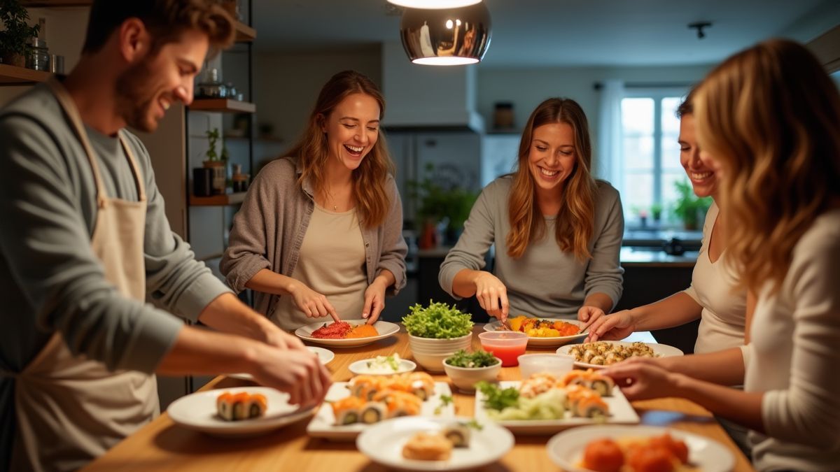 Vrienden genieten van een sushi-maakavond thuis
