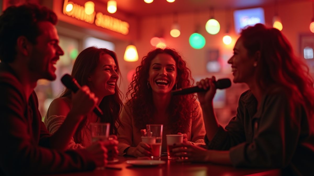 Vrienden genieten van karaoke in een gezellige bar