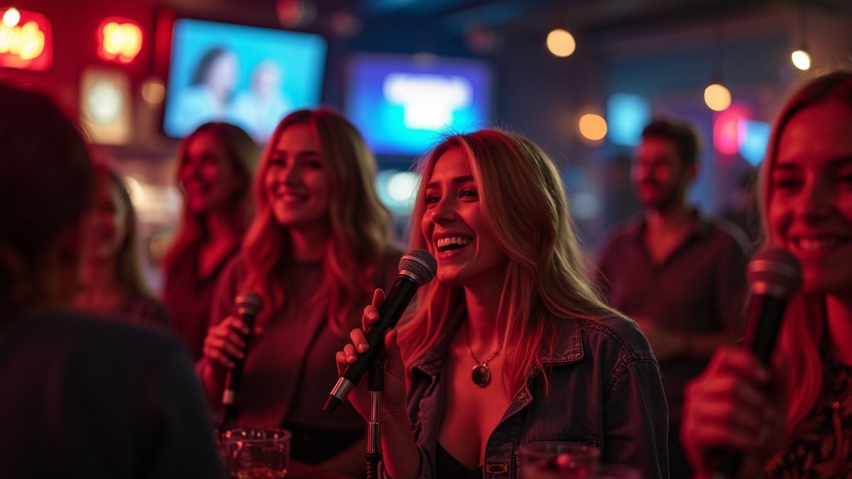 Vrienden genieten van karaoke in een gezellige bar