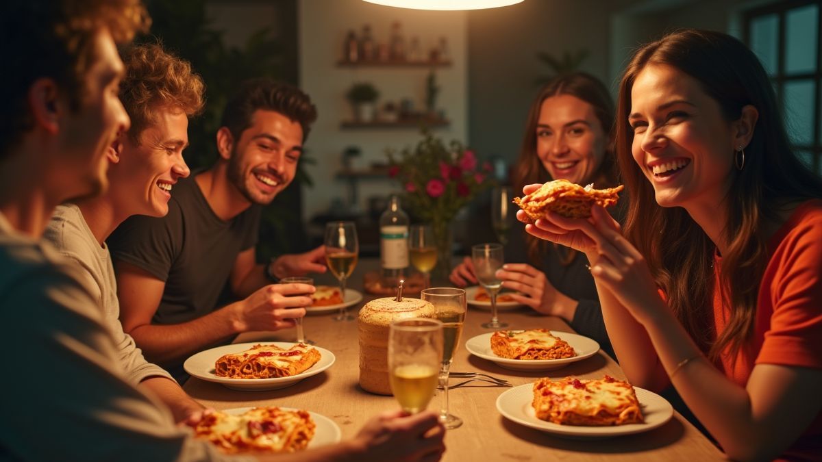 Vrienden genieten van lasagna aan tafel