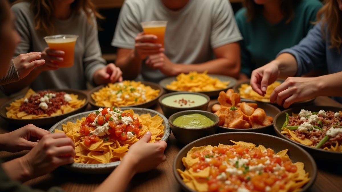 Vrienden genieten van nachos in een gezellige setting.