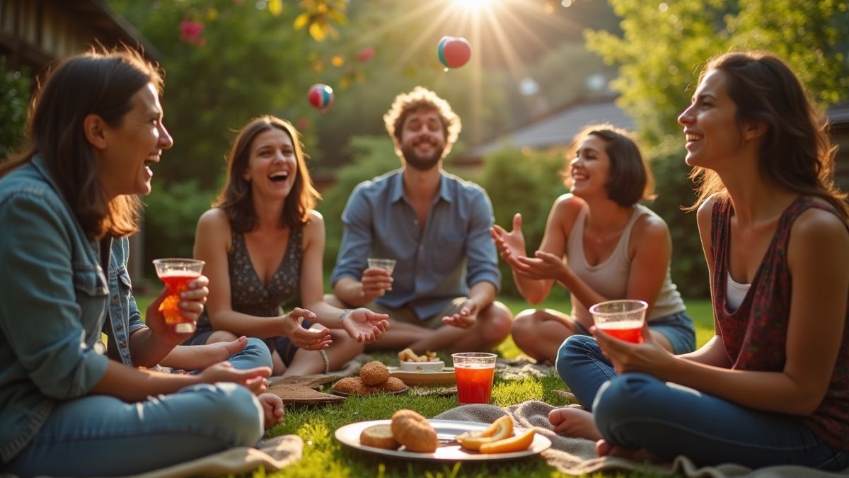 Vrienden jongleren in een achtertuin met muziek en snacks