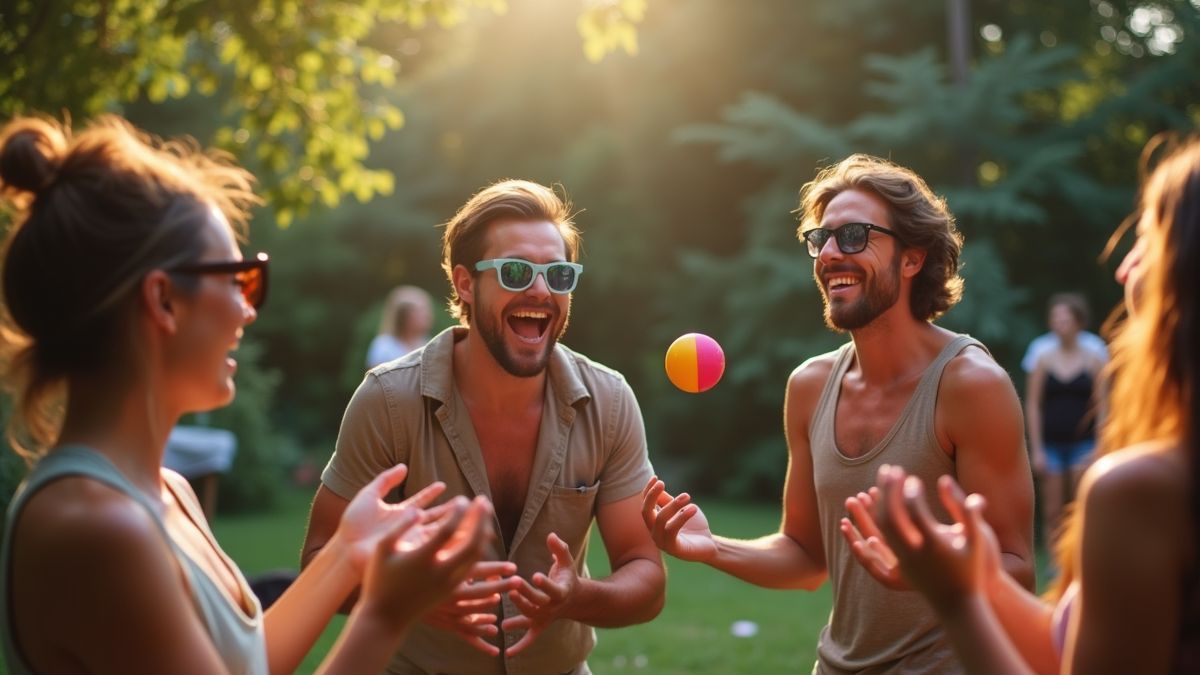 Vrienden jongleren in een achtertuin met muziek en snacks.
