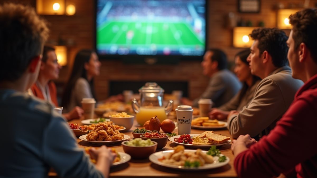 Vrienden kijken naar een footballwedstrijd met snacks