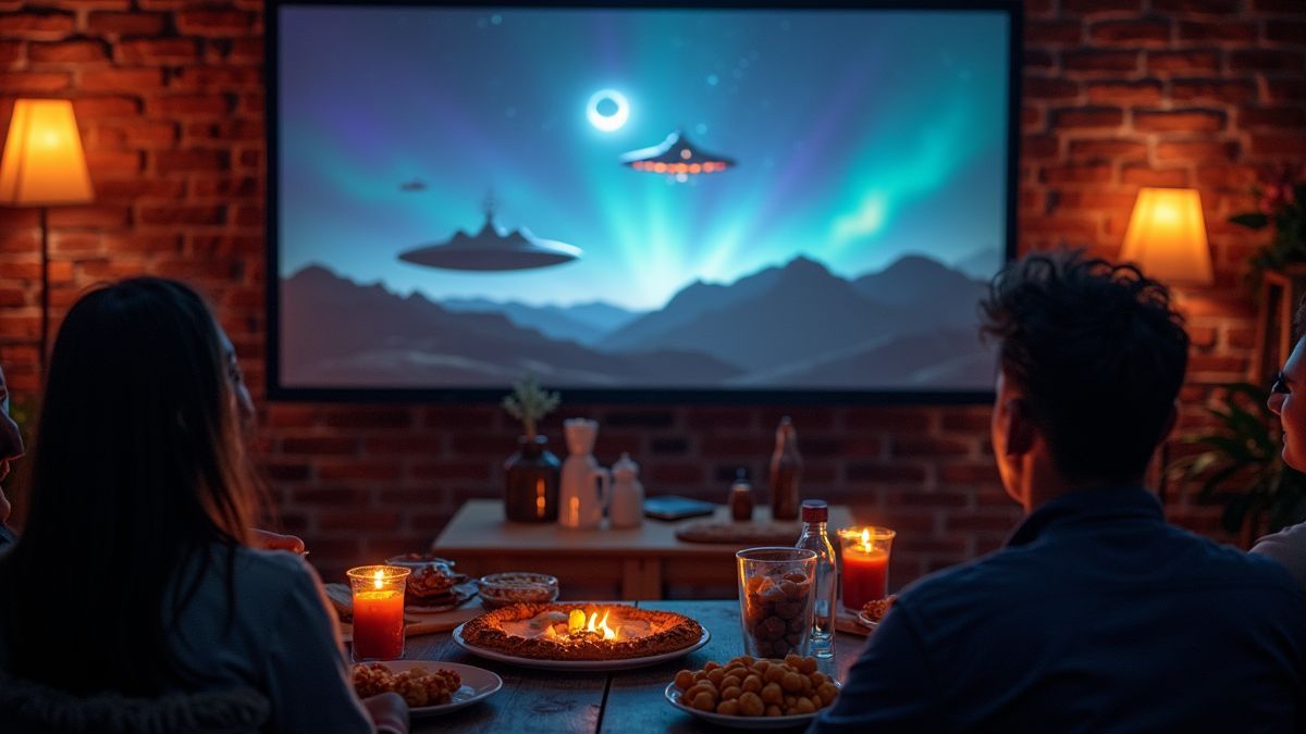 Vrienden kijken naar UFO-thema films met snacks
