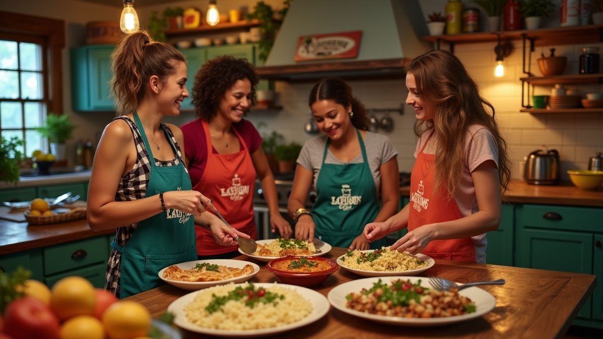 Vrienden koken Cajun gerechten samen.
