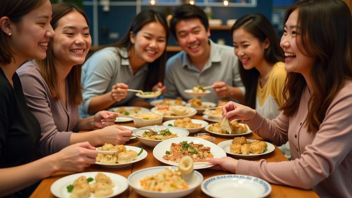 Vrienden proeven verschillende gerechten met durian