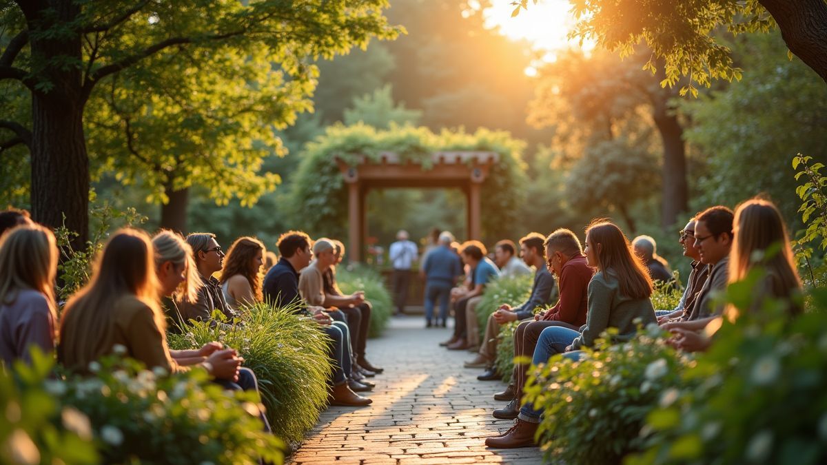 Vrienden uiten waardering in een serene tuin.