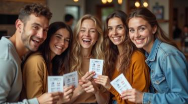Vrienden vieren de Internationale Loterij Dag met loterij tickets.