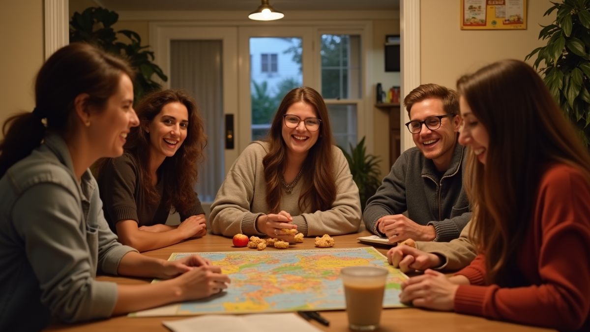 Vriendengroep die een reisquiz speelt met hapjes.