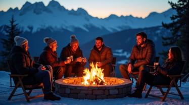Vriendengroep geniet van Après-dag bij een vuur.