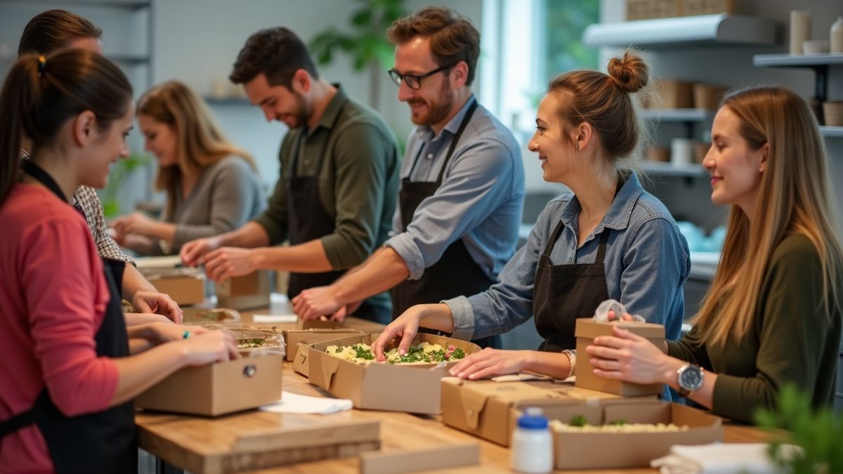 Vrijwilligers bereiden voedselpakketten voor de liefdadigheid