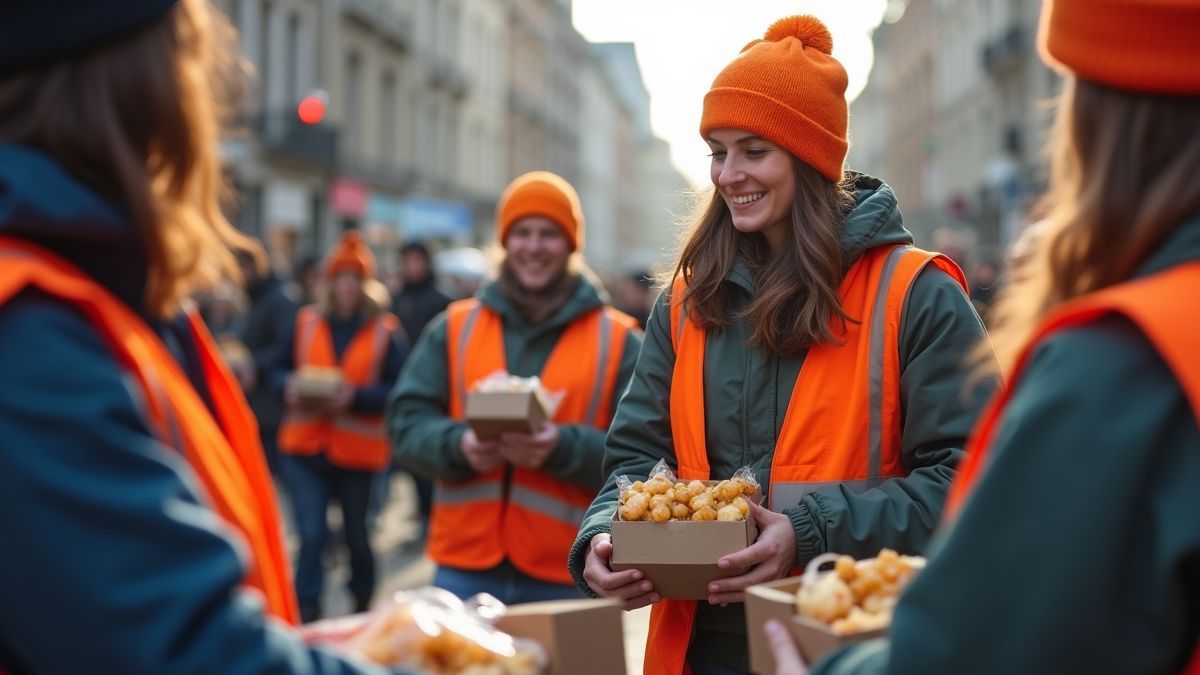 Vrijwilligers delen voedsel uit in een Belgische stad