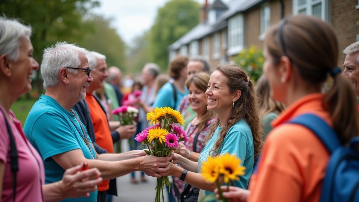 Vrijwilligers die bloemen uitdelen tijdens een gemeenschapsevenement.