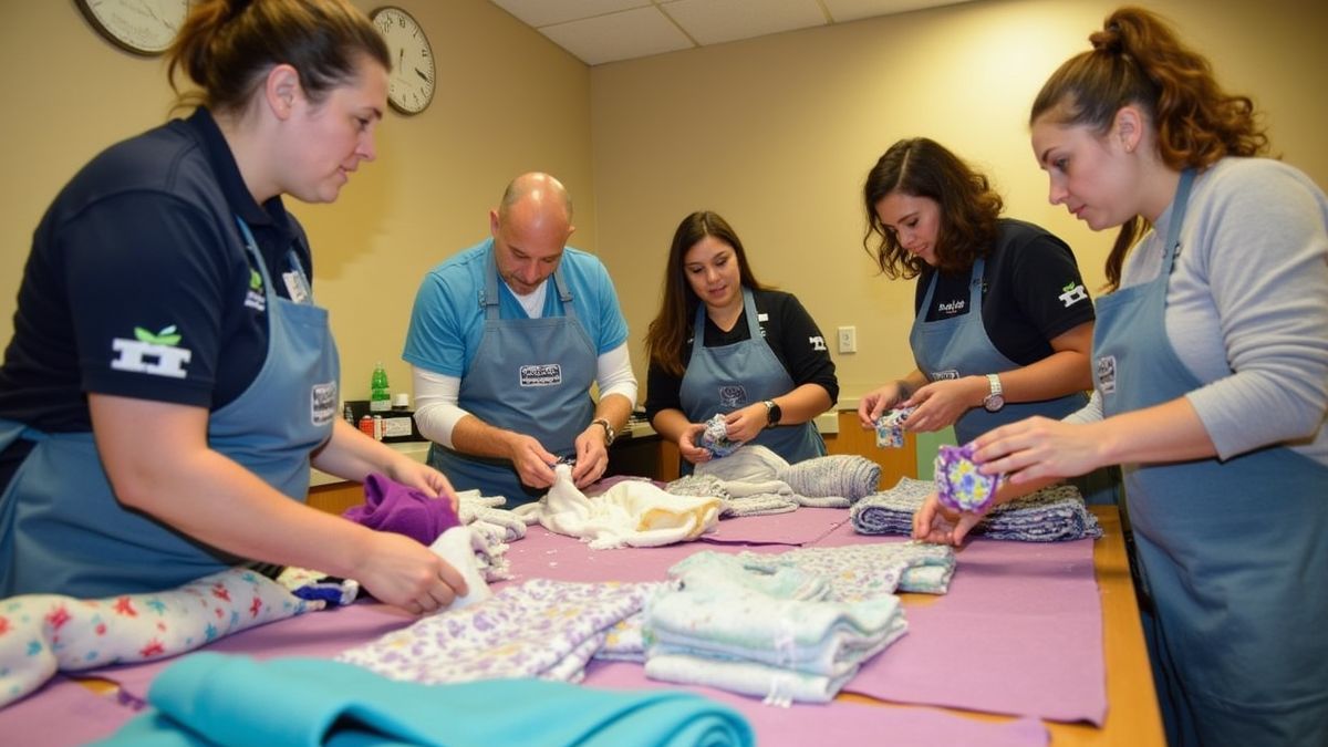 Vrijwilligers die dekens en mutsen organiseren voor premature baby's.