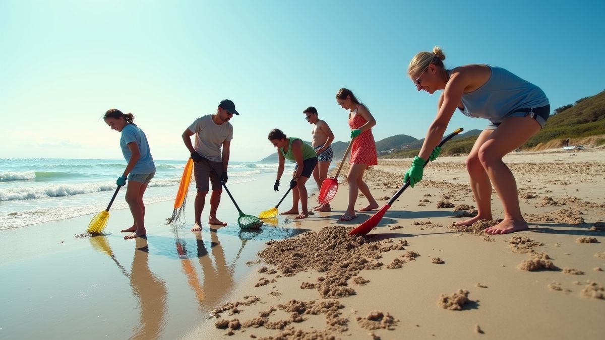 Vrijwilligers die een strand schoonmaken op een zonnige dag