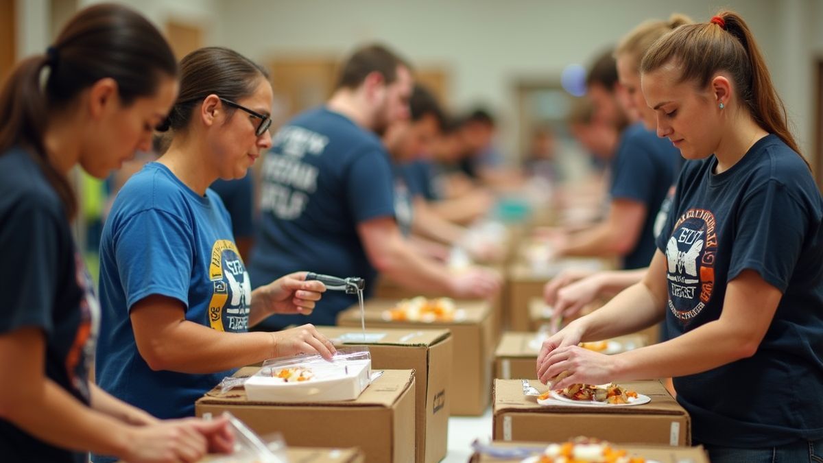 Vrijwilligers die voedsel inpakken voor distributie