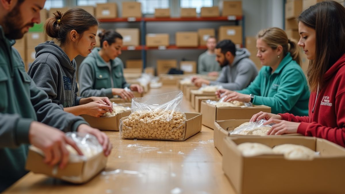 Vrijwilligers die voedsel inpakken voor distributie in een lokale voedselbank