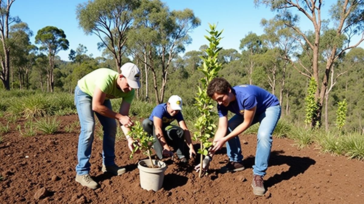 Vrijwilligers planten eucalyptusboompjes in een natuurgebied.