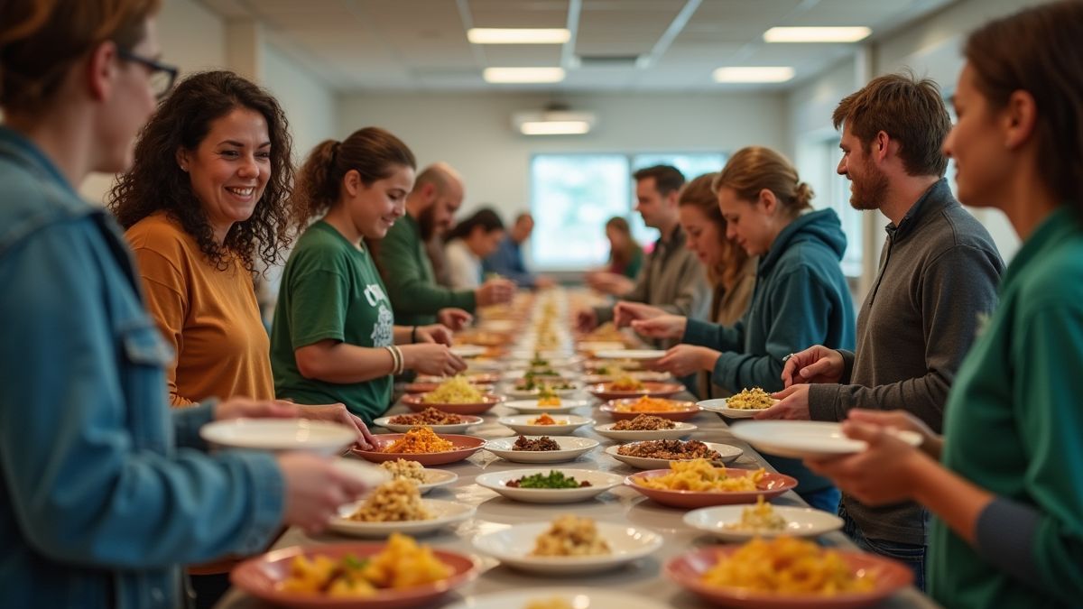 Vrijwilligers serveren voedsel aan mensen in nood.