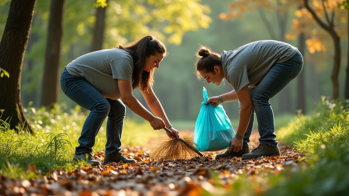 Vrijwilligers verzamelen afval in een park.