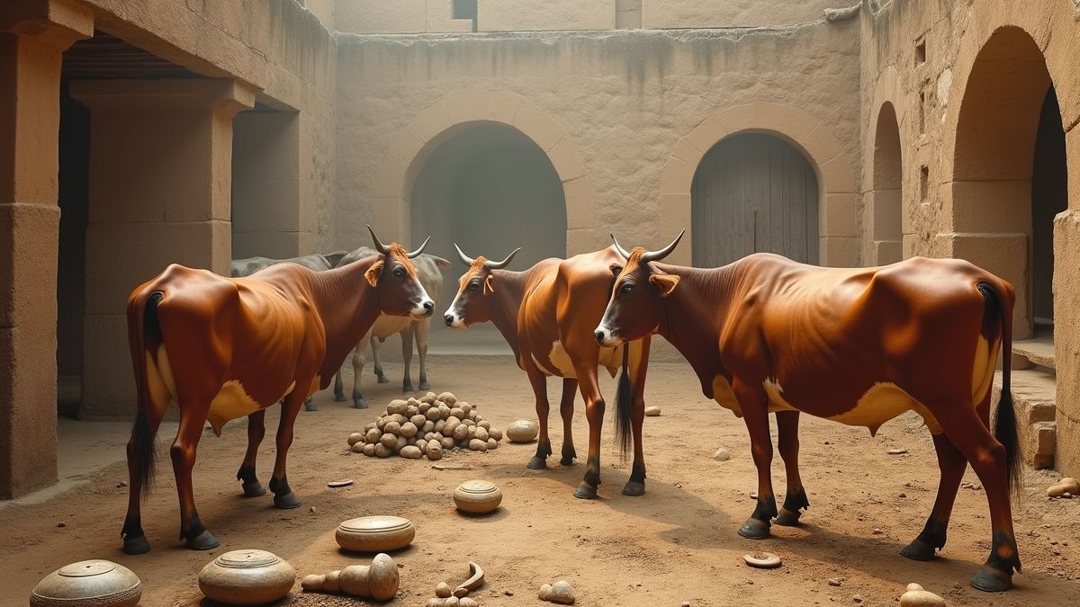 Vroegere melkproductie met koeien en historische artefacten.