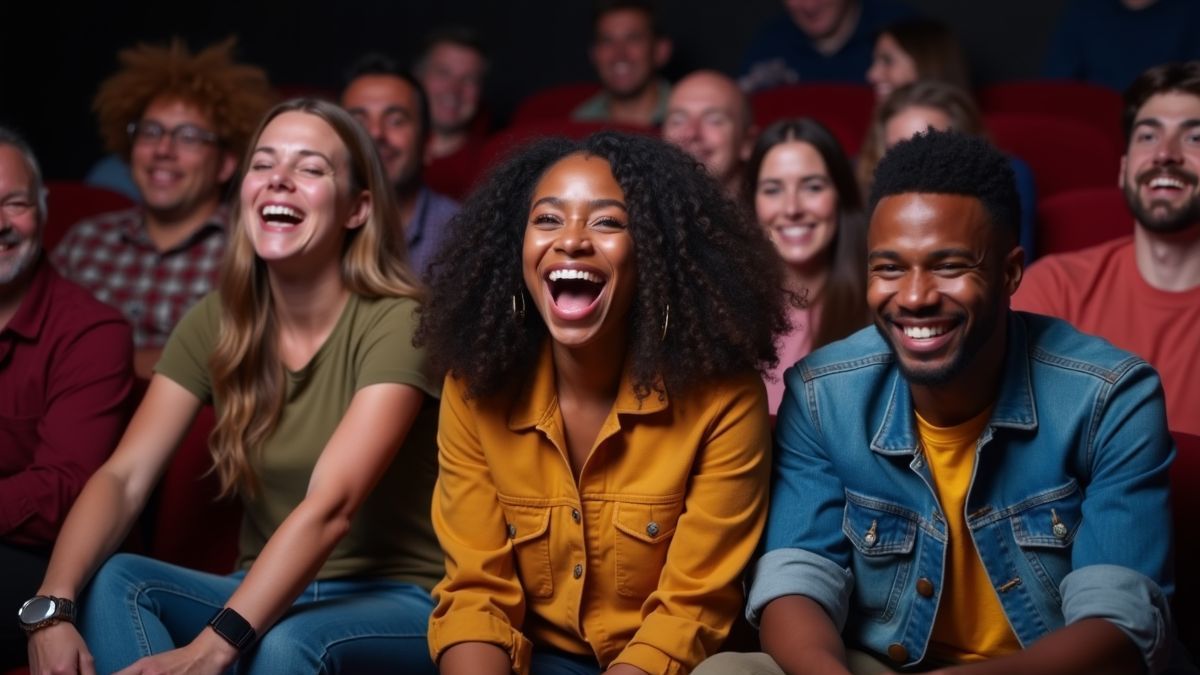 Vrolijke groep diverse mensen die genieten van een comedyshow