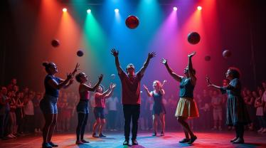 Jongleurs Dag gevierd met kleurrijke jongleerballen in de lucht in een park.