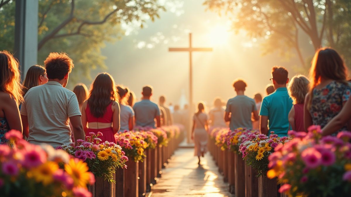 Vrolijke kerkviering op Paaszondag met kleurrijke bloemen en feestelijke kleding.
