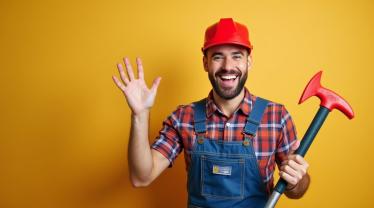 Een loodgieter lacht en houdt gereedschap vast.