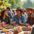 Vrolijke mensen die Hillbilly Dag vieren met muziek en eten.