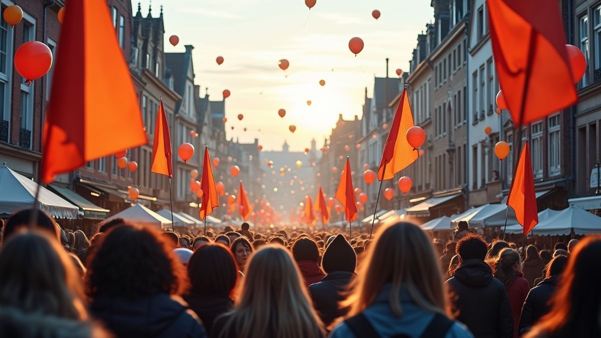 Vrolijke viering van Mei Dag op een Belgisch stadsplein.