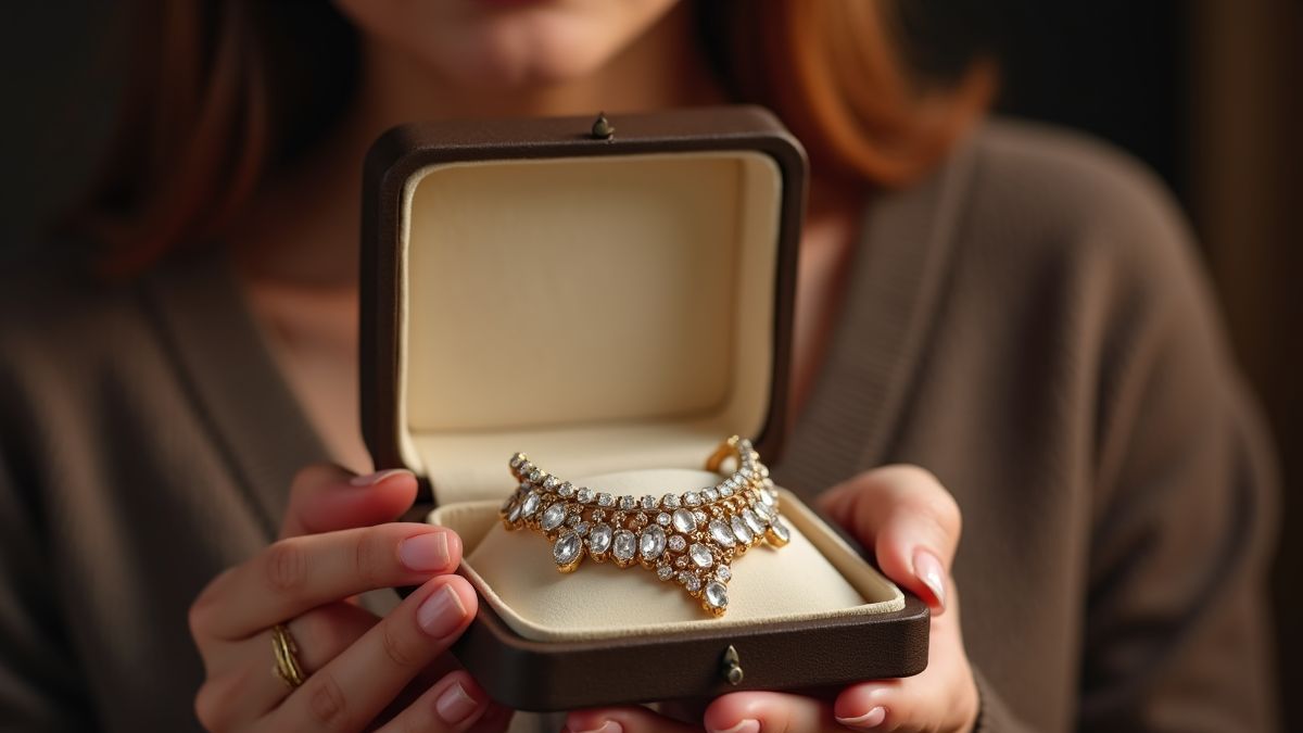 Vrouw die een juwelendoos opent met een schitterende ketting