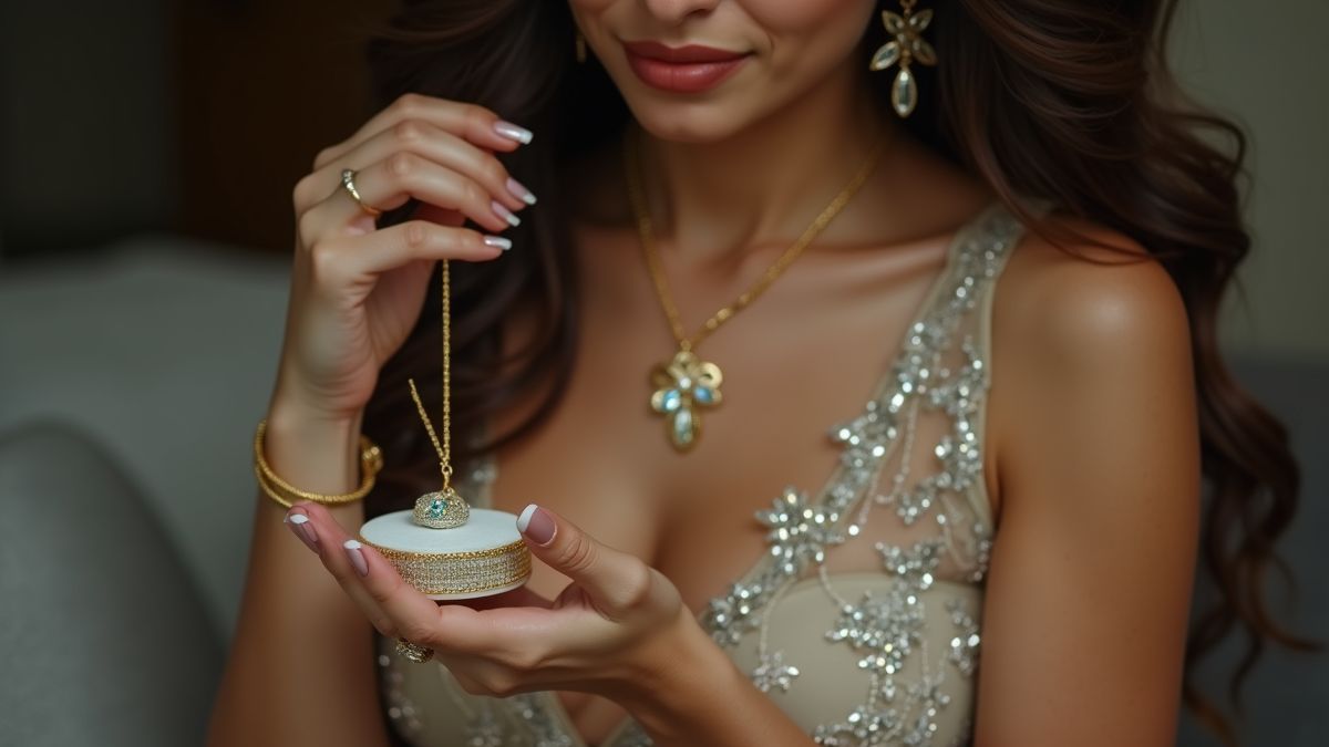 Vrouw die een juwelendoos opent met een schitterende ketting